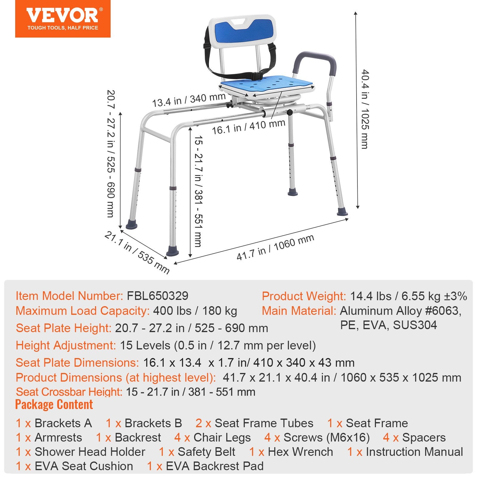 Sliding Tub Transfer Bench with 360 Degree Swivel Seat, Height Adjustable Bathtub Transfer Bench with Armrest V952-YDSYGZYTLSLKWI7XNV0