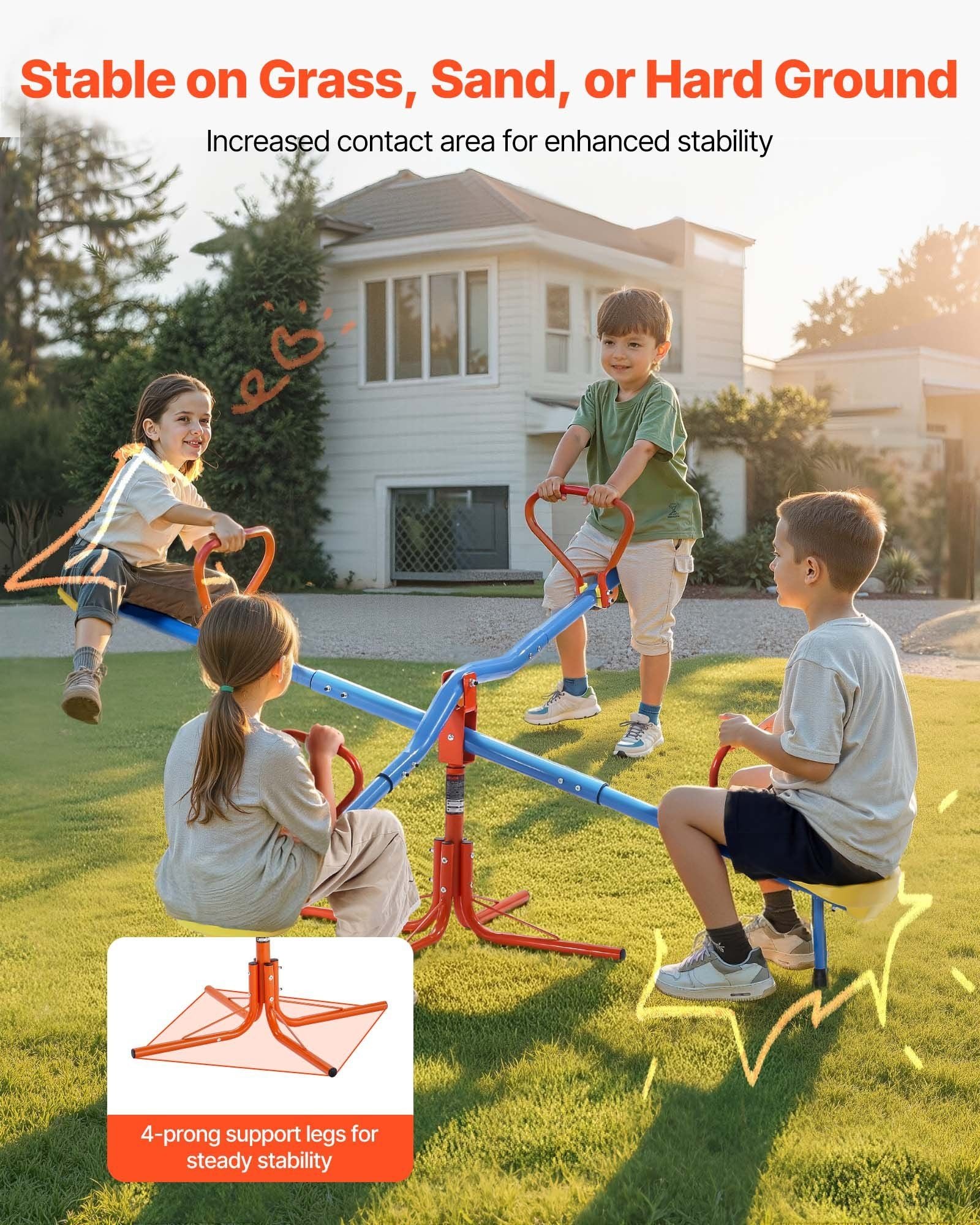 Kids Seesaw, 49.9 kg Load Capacity per Seat, Sit and Spin Teeter Totter with 4-prong Support Legs, Kids V952-YGDZDQQBJS4R94AI7001V0