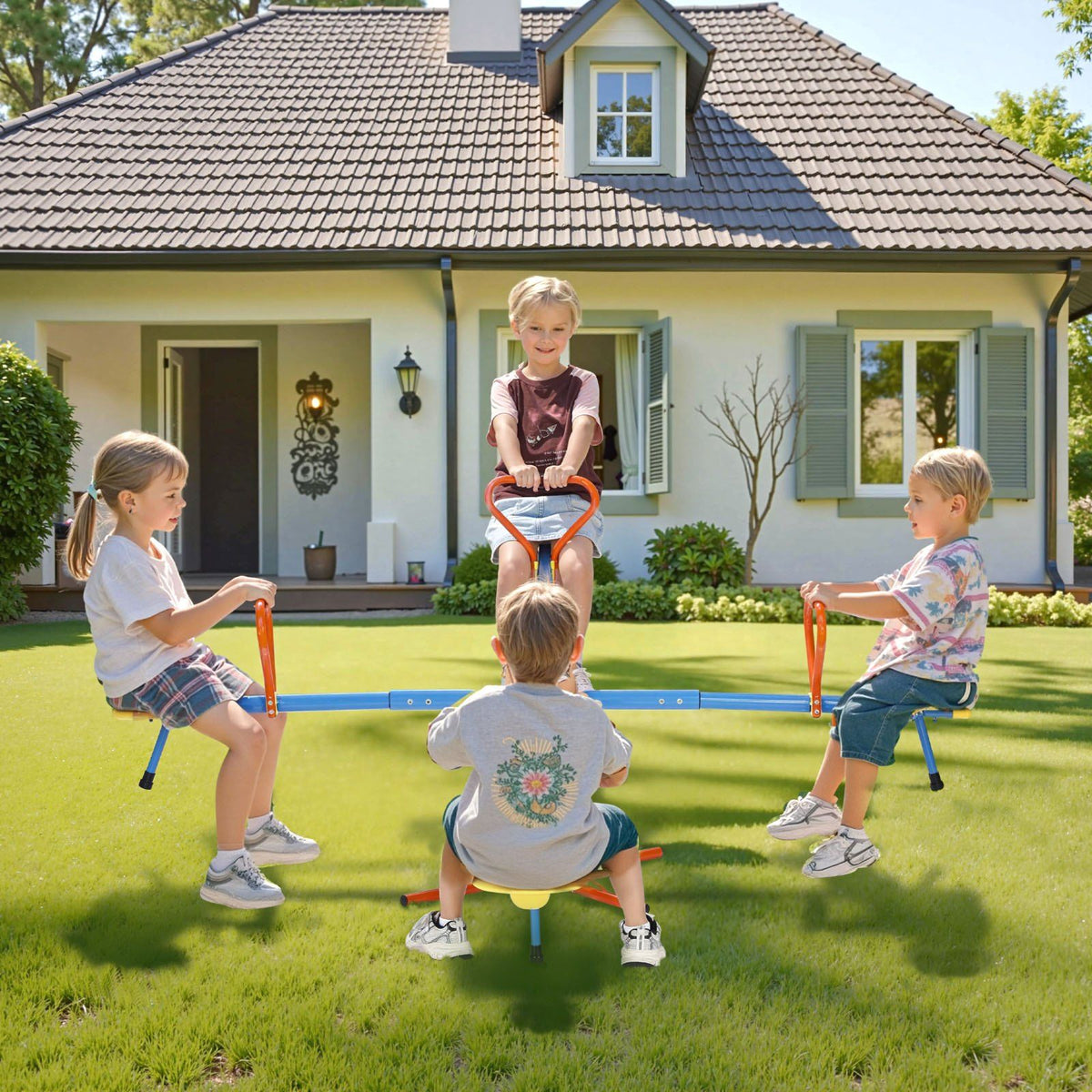 Kids Seesaw, 49.9 kg Load Capacity per Seat, Sit and Spin Teeter Totter with 4-prong Support Legs, Kids V952-YGDZDQQBJS4R94AI7001V0