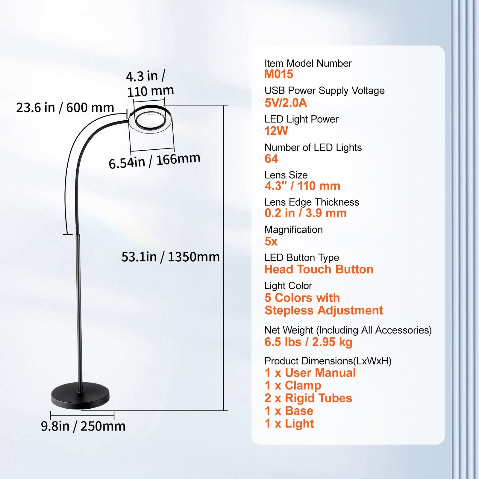 5X Floor Magnifying Glass with Light and Stand Flexible Gooseneck LED V952-YGFDD12WYDZW2Z6FFV9