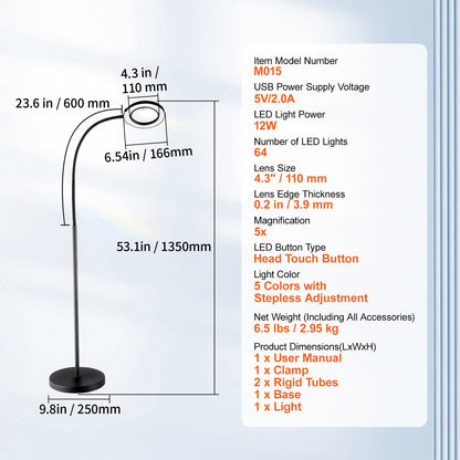 5X Floor Magnifying Glass with Light and Stand Flexible Gooseneck LED V952-YGFDD12WYDZW2Z6FFV9