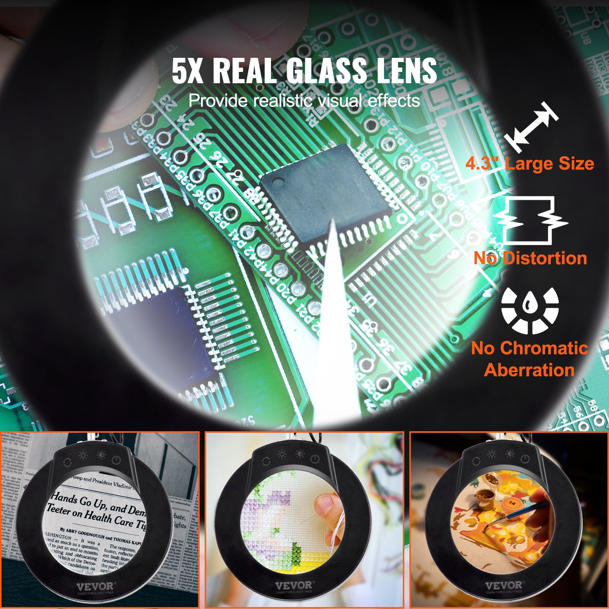 Magnifying Glass with Light and Stand, 5X Magnifying Lamp, 4.3" Glass Lens, Base and Clamp 2-in-1 Desk V952-YGFDDYDZBCMAJI42JV9