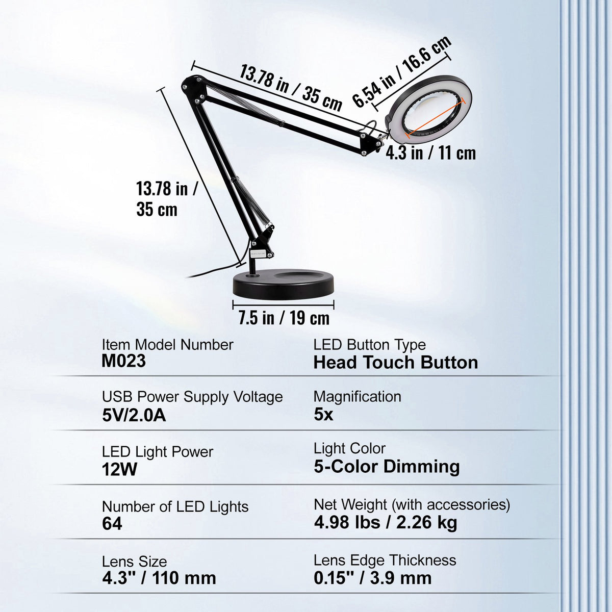 Magnifying Glass with Light and Stand, 5X Magnifying Lamp, 4.3" Glass Lens, Base and Clamp 2-in-1 Desk V952-YGFDDYDZBCMAJI42JV9