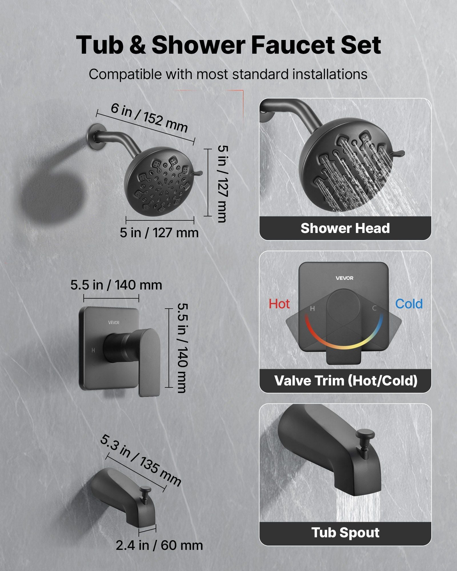 Tub and Shower Faucet Set, 127 mm Rainfall Shower Head and Bathtub Spout, Complete Single-Handle Tub Trim Kit V952-YGHLLTZHFHWFQMXOX001V0