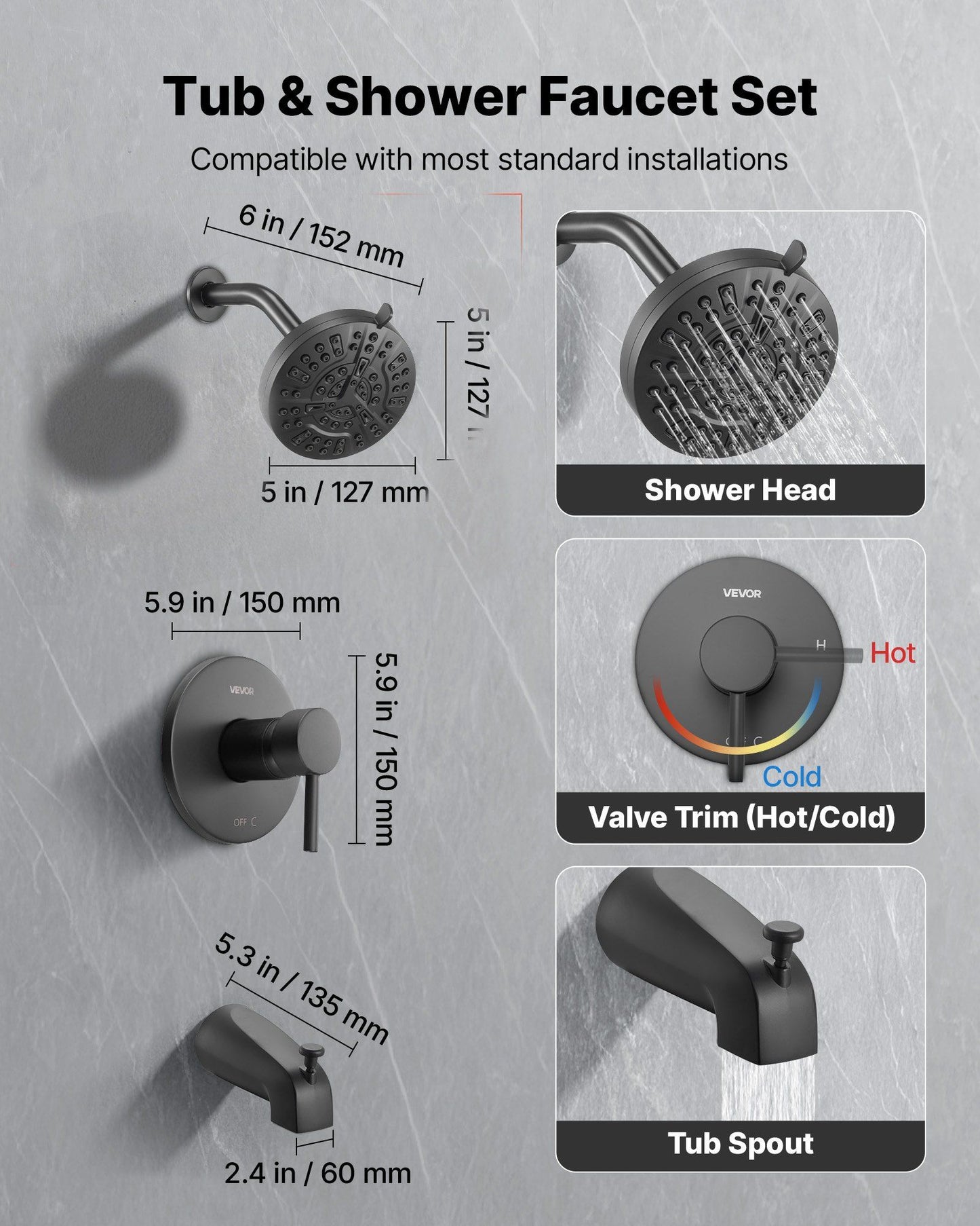 Tub and Shower Faucet Set, Complete with 127 mm Rainfall Shower Head and Bathtub Spout, 8-Setting Adjustable V952-YGHLLTZHHWHW0HLVZ001V0