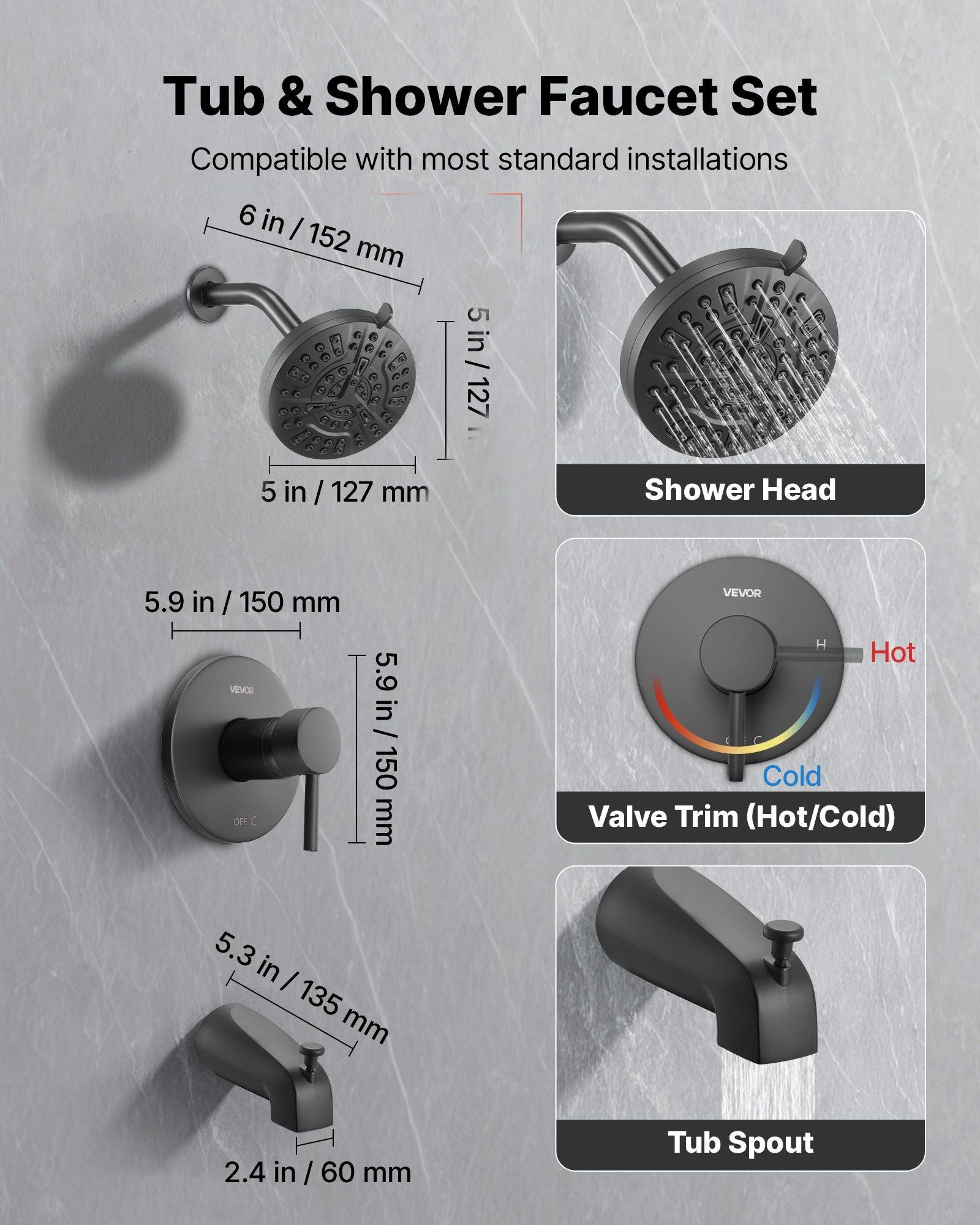Tub and Shower Faucet Set, Complete with 127 mm Rainfall Shower Head and Bathtub Spout, 8-Setting Adjustable V952-YGHLLTZHHWHW0HLVZ001V0