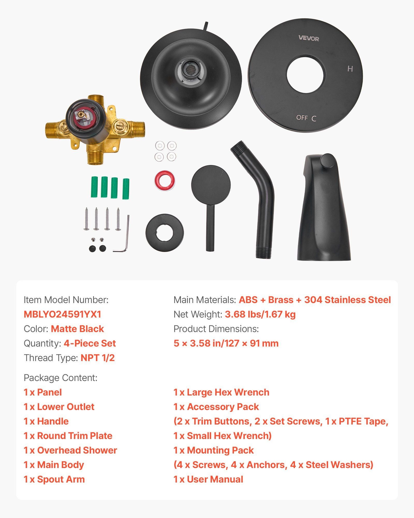 Tub and Shower Faucet Set, Complete with 127 mm Rainfall Shower Head and Bathtub Spout, 8-Setting Adjustable V952-YGHLLTZHHWHW0HLVZ001V0