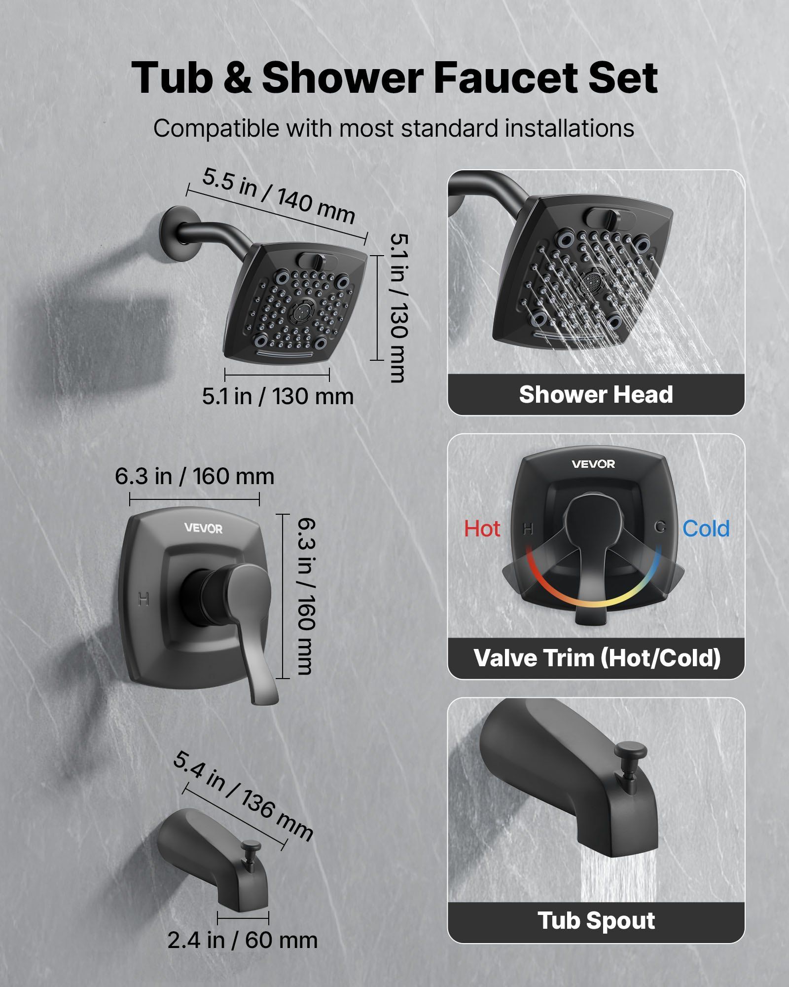 Tub and Shower Faucet Set, Complete with 130 mm Rainfall Shower Head and Bathtub Spout, 5-Setting Adjustable V952-YGHLLTZHHWHWFHFKJ001V0