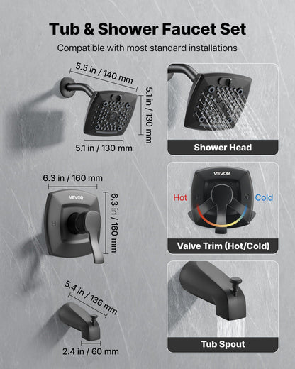Tub and Shower Faucet Set, Complete with 130 mm Rainfall Shower Head and Bathtub Spout, 5-Setting Adjustable V952-YGHLLTZHHWHWFHFKJ001V0