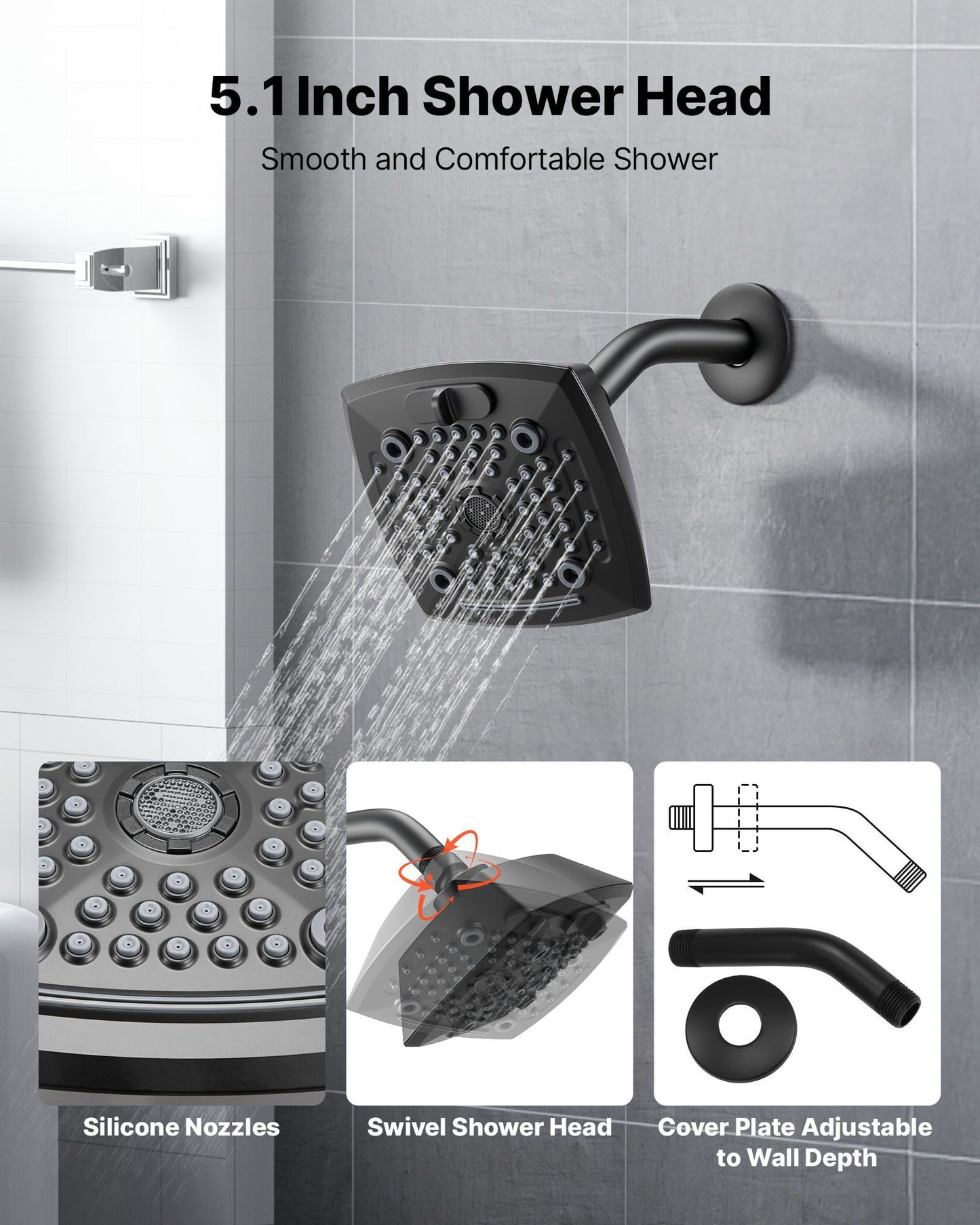 Tub and Shower Faucet Set, Complete with 130 mm Rainfall Shower Head and Bathtub Spout, 5-Setting Adjustable V952-YGHLLTZHHWHWFHFKJ001V0