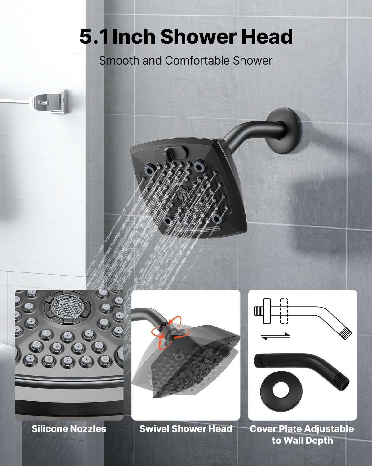 Tub and Shower Faucet Set, Complete with 130 mm Rainfall Shower Head and Bathtub Spout, 5-Setting Adjustable V952-YGHLLTZHHWHWFHFKJ001V0