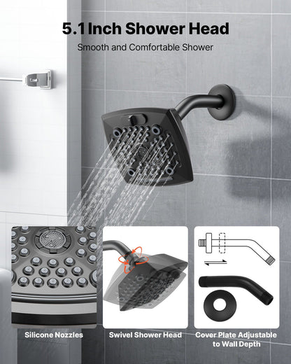 Tub and Shower Faucet Set, Complete with 130 mm Rainfall Shower Head and Bathtub Spout, 5-Setting Adjustable V952-YGHLLTZHHWHWFHFKJ001V0