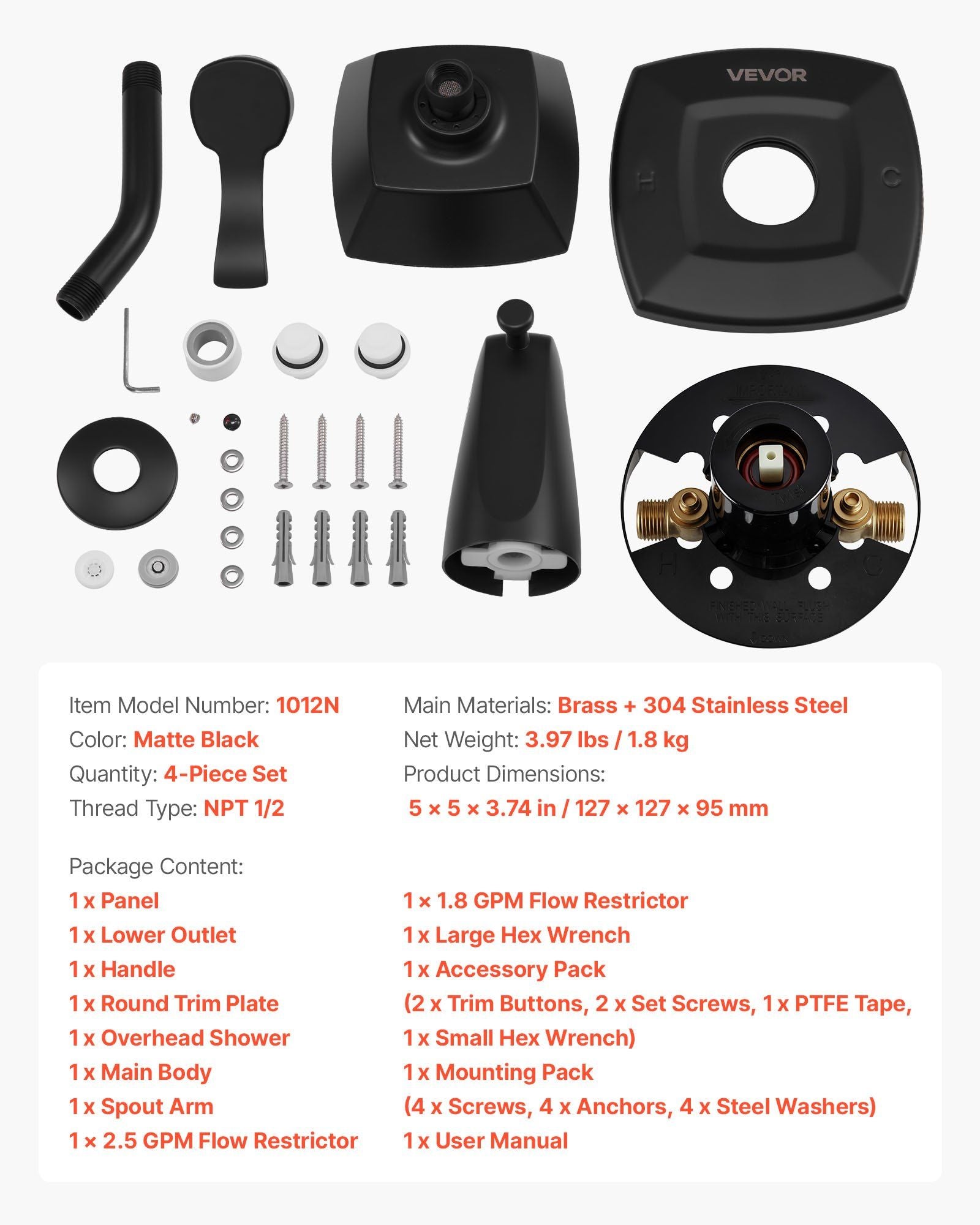 Tub and Shower Faucet Set, Complete with 130 mm Rainfall Shower Head and Bathtub Spout, 5-Setting Adjustable V952-YGHLLTZHHWHWFHFKJ001V0