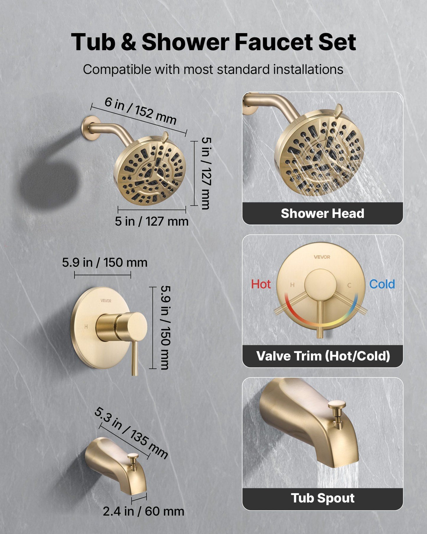 Tub and Shower Faucet Set, Complete with 127 mm Rainfall Shower Head and Bathtub Spout, 8-Setting Adjustable V952-YGHLLTZHHWHWLKQ5W001V0