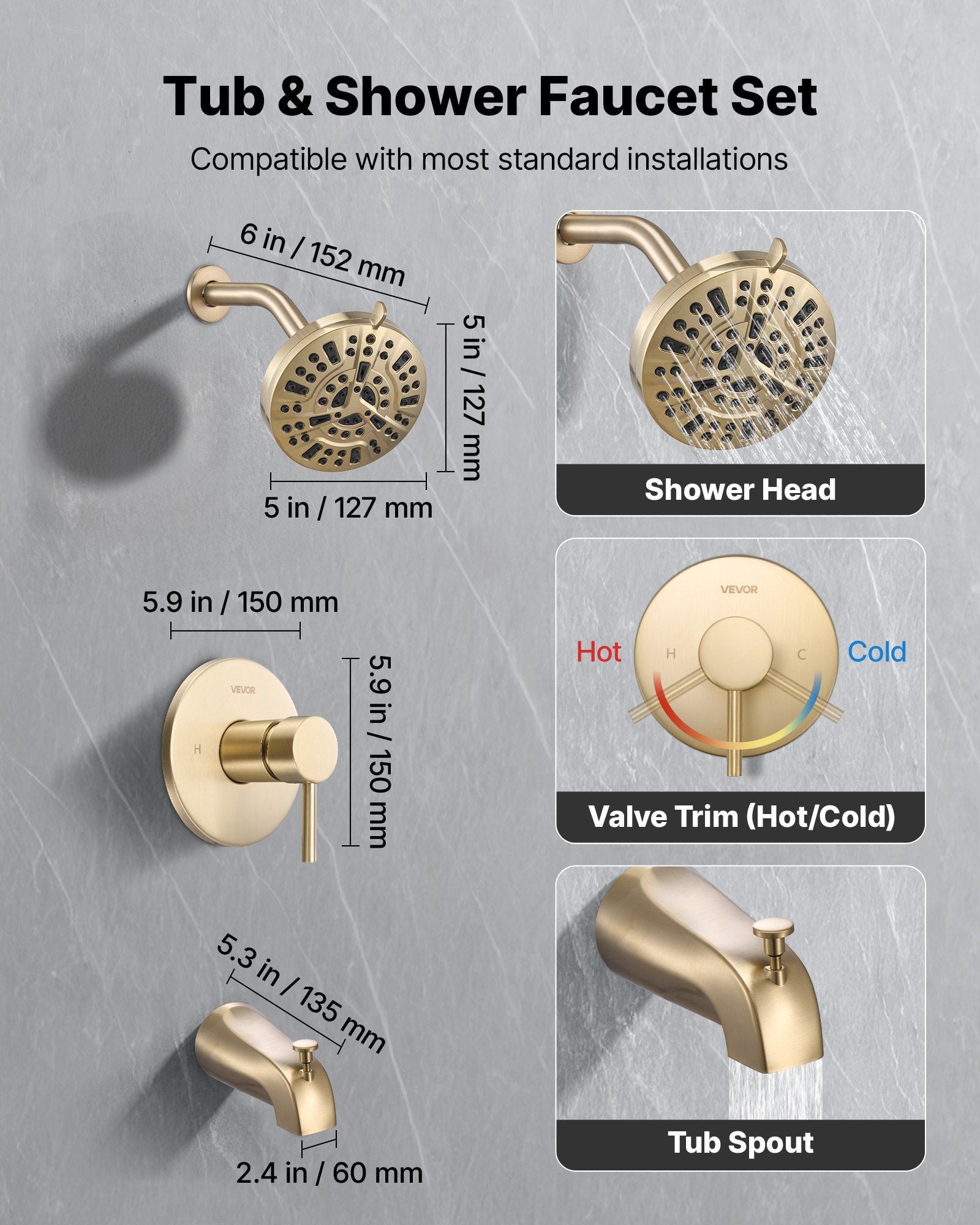 Tub and Shower Faucet Set, Complete with 127 mm Rainfall Shower Head and Bathtub Spout, 8-Setting Adjustable V952-YGHLLTZHHWHWLKQ5W001V0