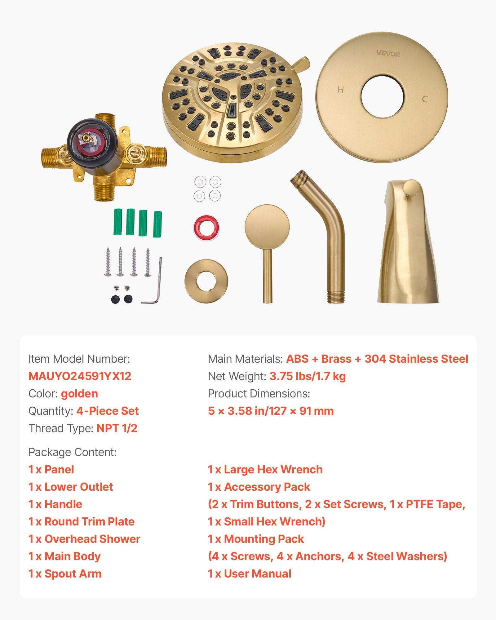 Tub and Shower Faucet Set, Complete with 127 mm Rainfall Shower Head and Bathtub Spout, 8-Setting Adjustable V952-YGHLLTZHHWHWLKQ5W001V0