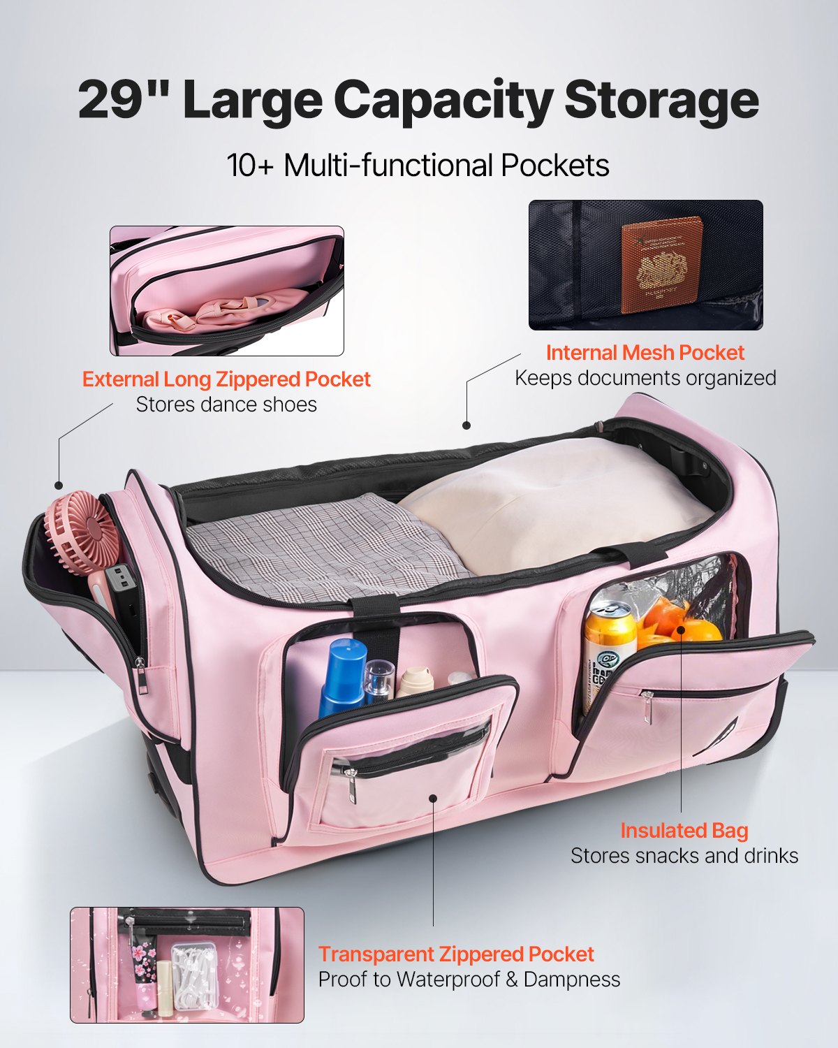 Dance Bag with Garment Rack, 736.6 mm Rolling Dance Duffel, with Wheels, USB Port, Height Adjustable Clothes V952-YGMLDYJDWDD21NOVK001V0