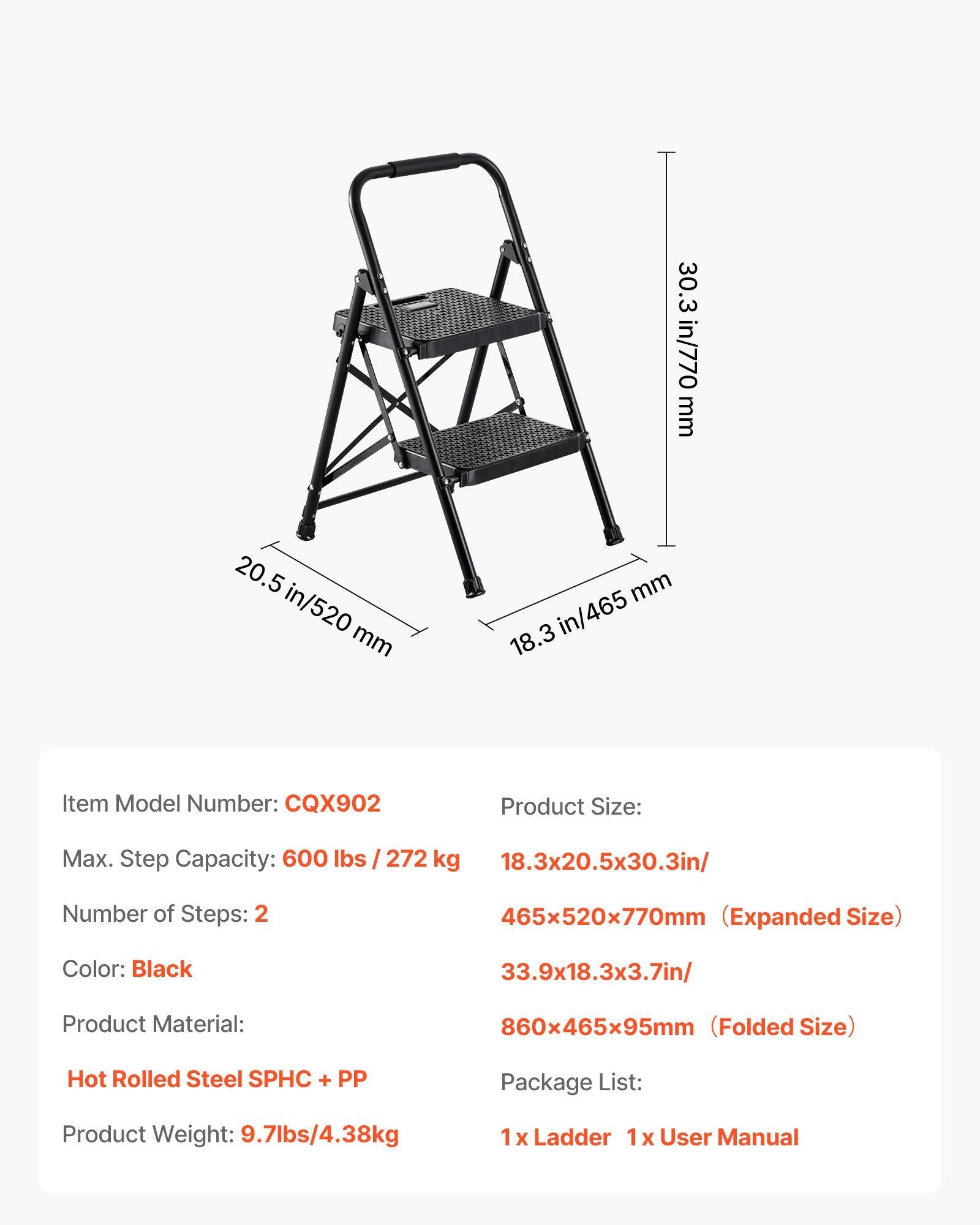 2 Step Ladder, Folding Step Stool with Wide Anti-Slip Pedal and Comfort Handgrip, Lightweight 272 kg Capacity V952-YGTTLBWGJPDS7RBCC001V0