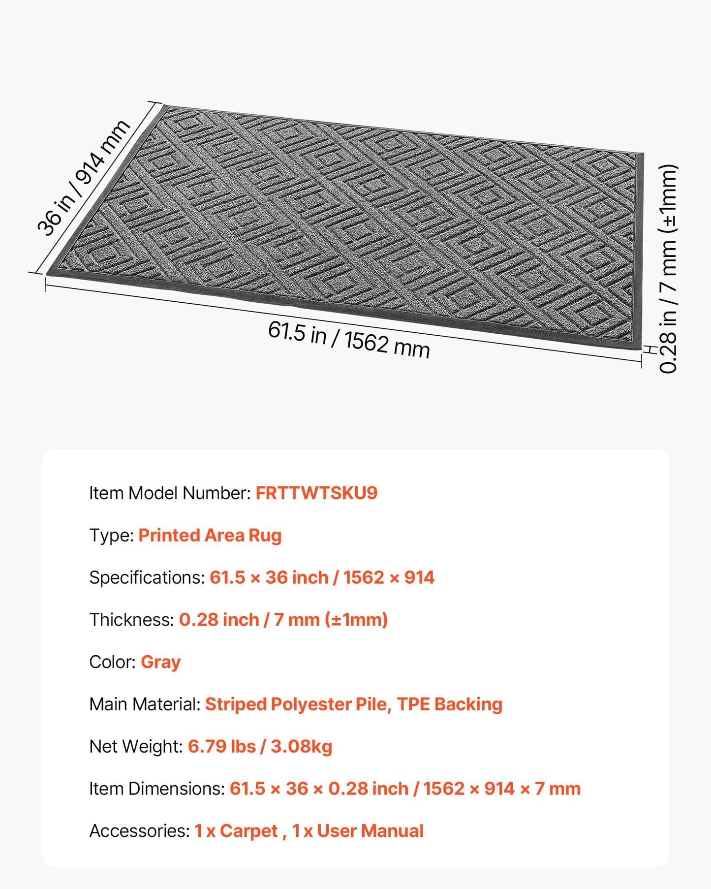 Front Door Mat, 1562 x 914 mm Commercial Floor Mat for Indoor and Outdoor, Modern Stylish Carpet with TPE V952-YHWDT61536INBV1PA001V0