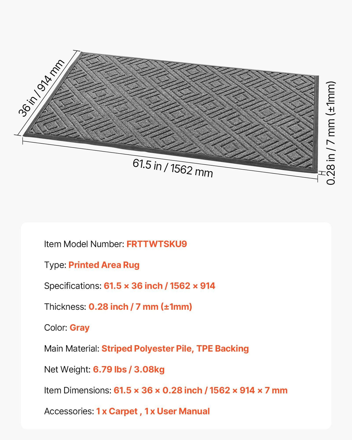 Front Door Mat, 1562 x 914 mm Commercial Floor Mat for Indoor and Outdoor, Modern Stylish Carpet with TPE V952-YHWDT61536INBV1PA001V0