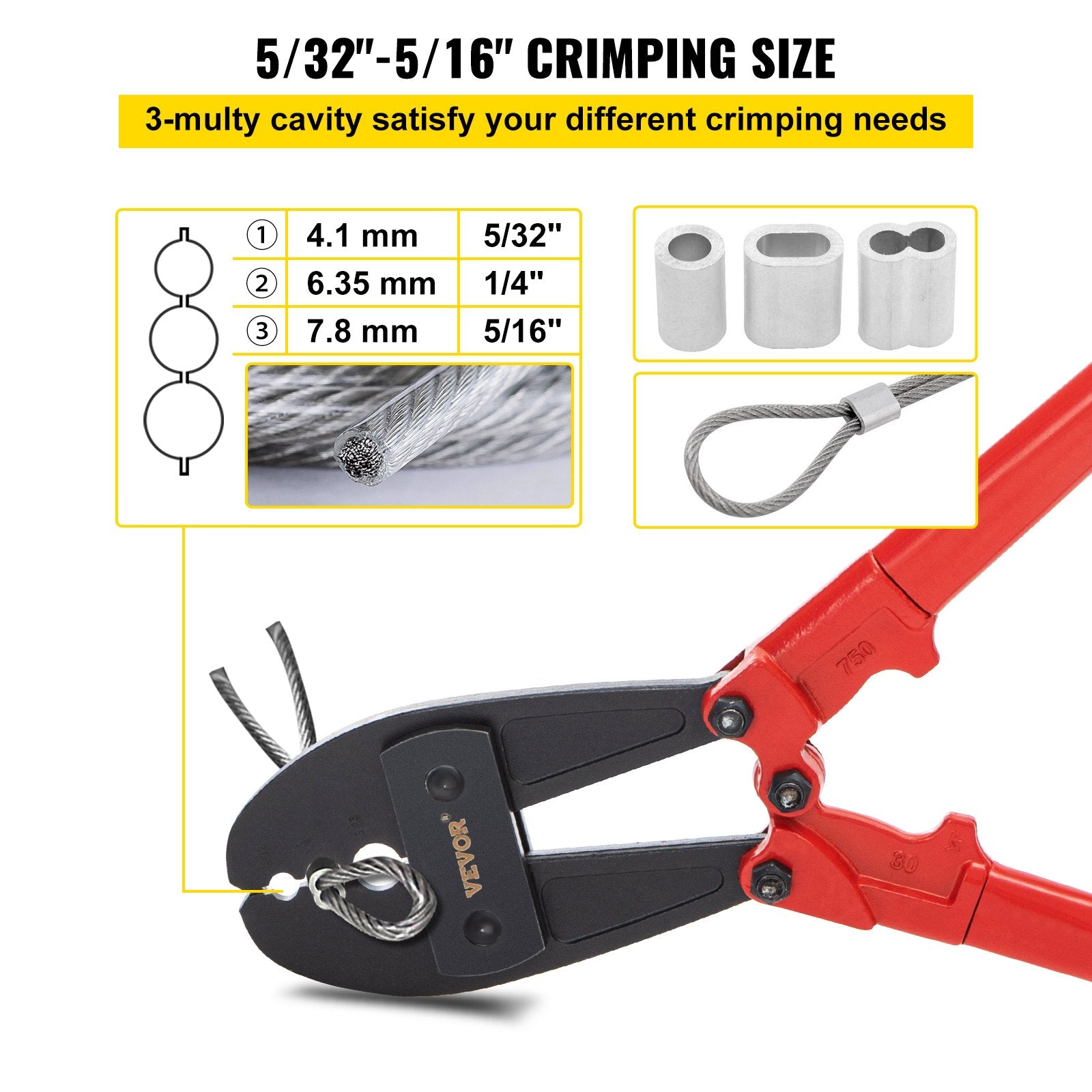 762mm/30" Hand Swager, Swaging Tool for 5/32", 1/4" and 5/16" Aluminum/Copper Sleeves V952-YJQ30YC0000000001V0