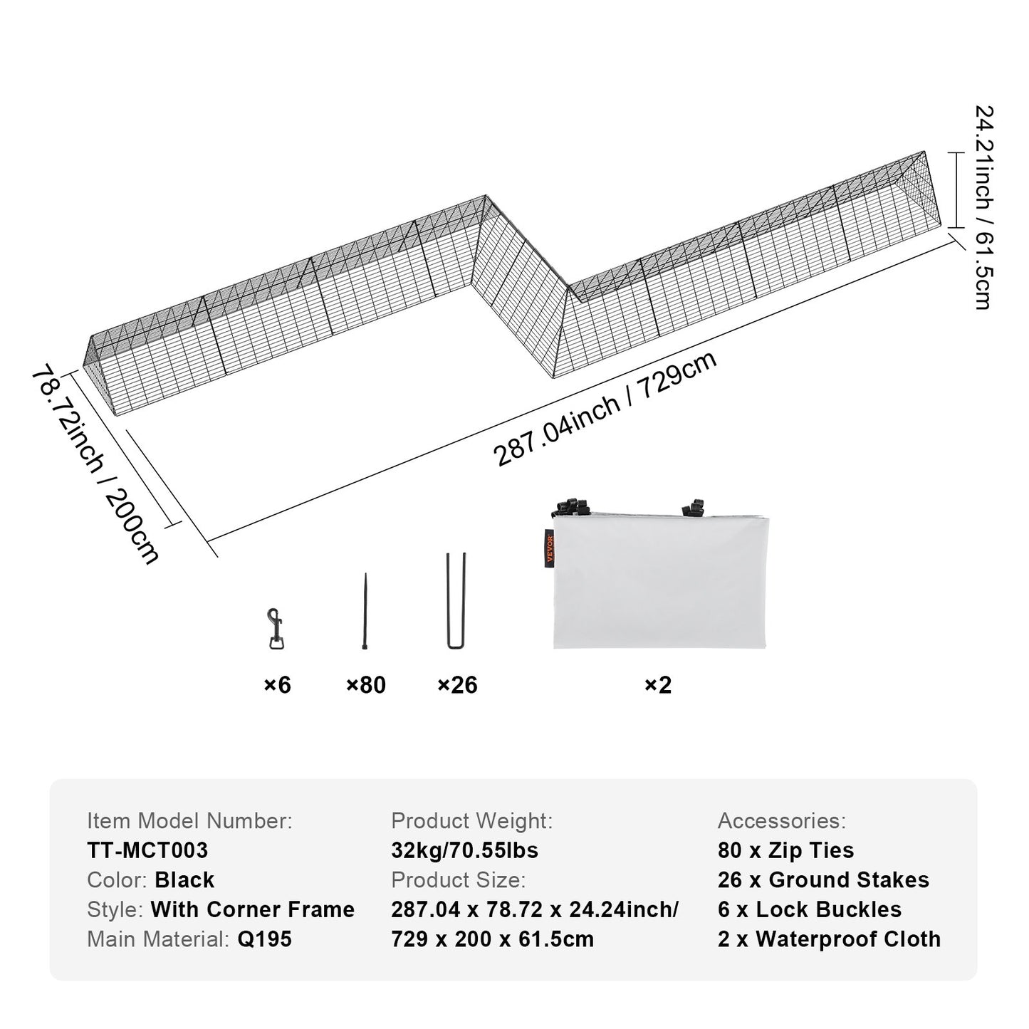 Chicken Tunnels, 729 x 200 x 61.5cm(LxWxH) Chicken Tunnels for Yard, Portable Chicken Tunnels for Outside V952-YJSD2TDGJKJ0DH00FV0