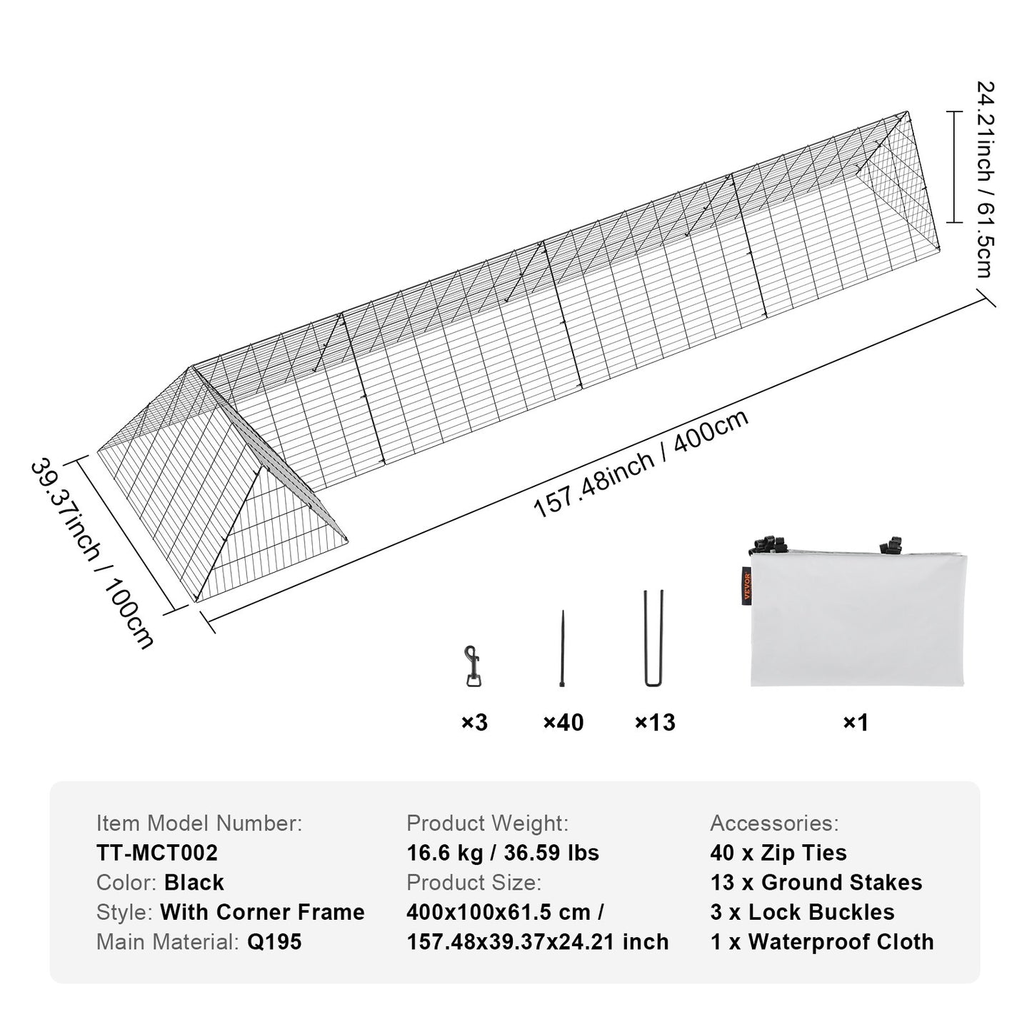 Chicken Tunnels, 400x100x61.5 cm(LxWxH) Chicken Tunnels for Yard, Portable Chicken Tunnels for Outside with V952-YJSDDGJKJ000QX9MSV0