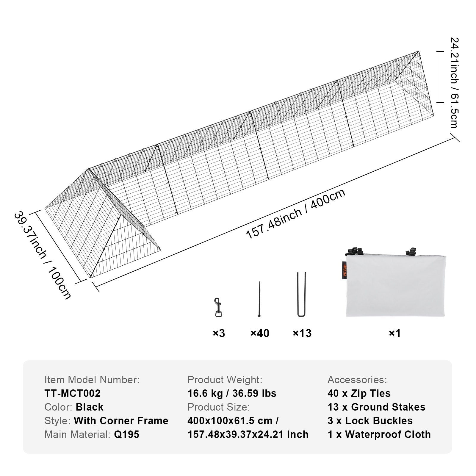 Chicken Tunnels, 400x100x61.5 cm(LxWxH) Chicken Tunnels for Yard, Portable Chicken Tunnels for Outside with V952-YJSDDGJKJ000QX9MSV0