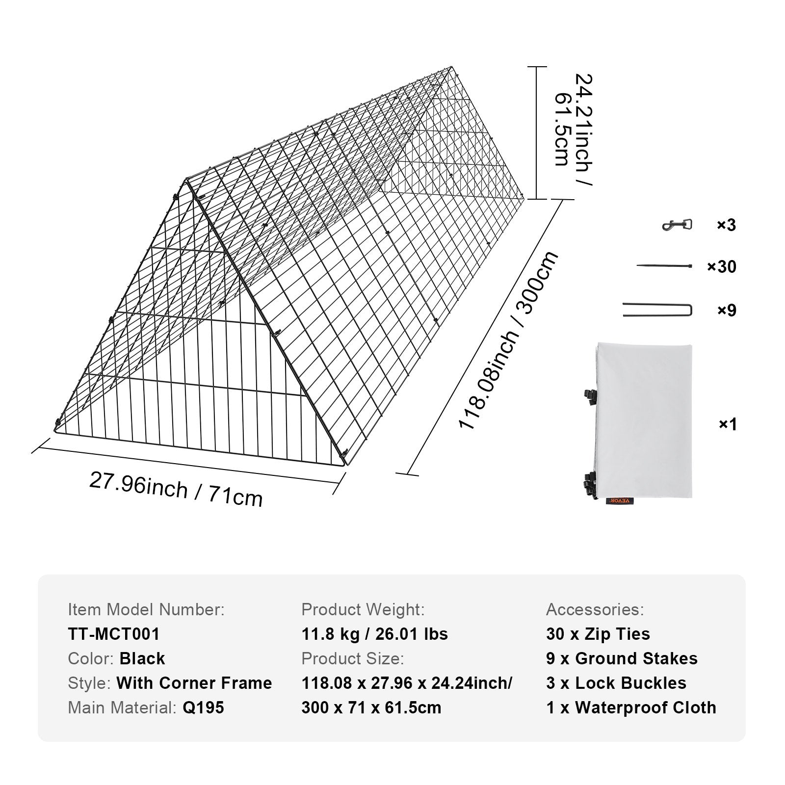 Chicken Tunnels, 300 x 71 x 61.5cm (LxWxH) Chicken Tunnels for Yard, Portable Chicken Tunnels for Outside V952-YJSDZXK00000V3S9IV0