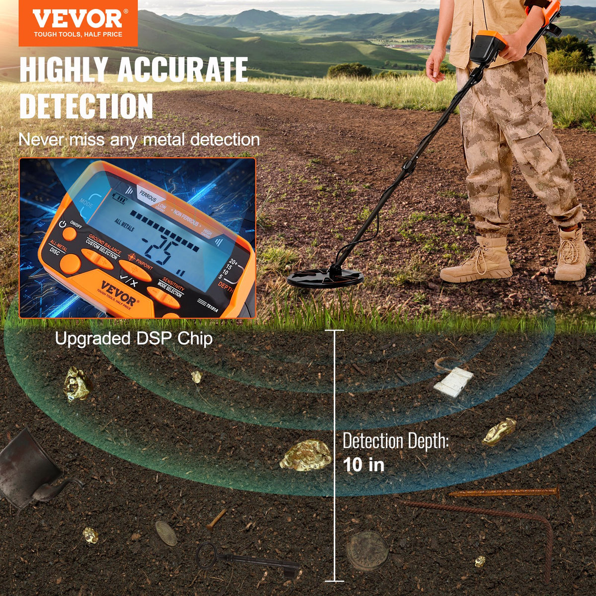 Metal Detector for Adults&Kids, 250mm, Professional Adjustable Higher Accuracy Gold Detector, IP68 Waterproof V952-YJSJSTCQ10510KDE7V0