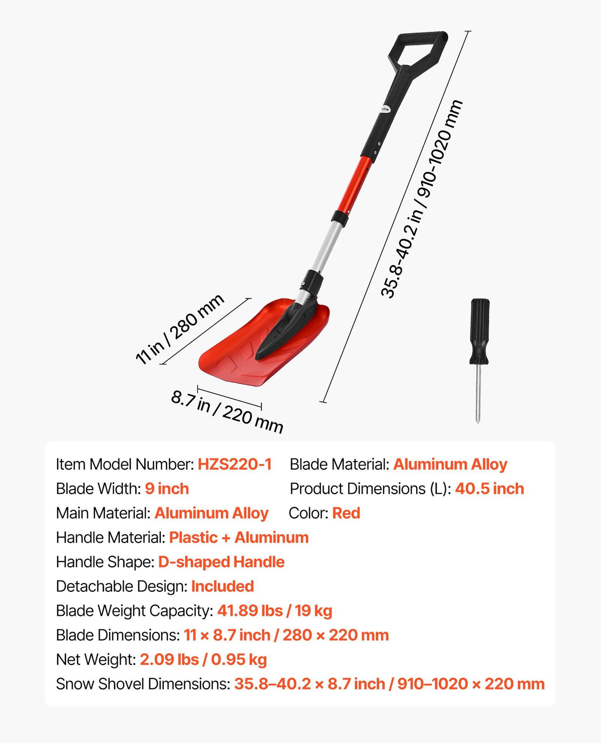 Snow Shovel for Driveway, 22cm Foldable Snow Shovel with D-shaped Handle, , 36-40 in Adjustable, Lightweight V952-YJZDXCLHJ9INN70ON001V0