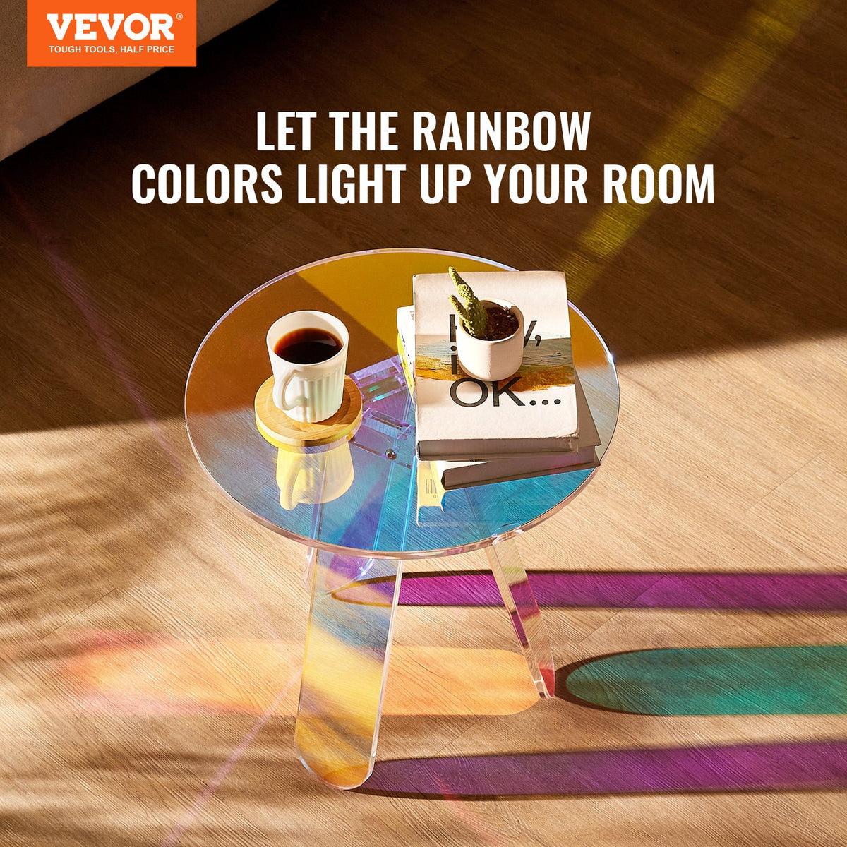 Round Iridescent Side Table, Acrylic End Table, Clear Rainbow Acrylic Coffee Table for Drink, Food, Snack V952-YKLBZYXXCSDGZR4CHV0