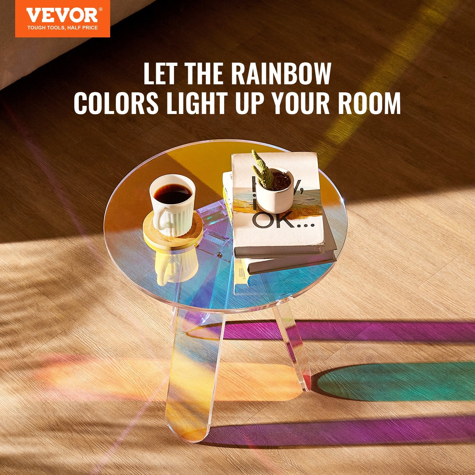 Round Iridescent Side Table, Acrylic End Table, Clear Rainbow Acrylic Coffee Table for Drink, Food, Snack V952-YKLBZYXXCSDGZR4CHV0