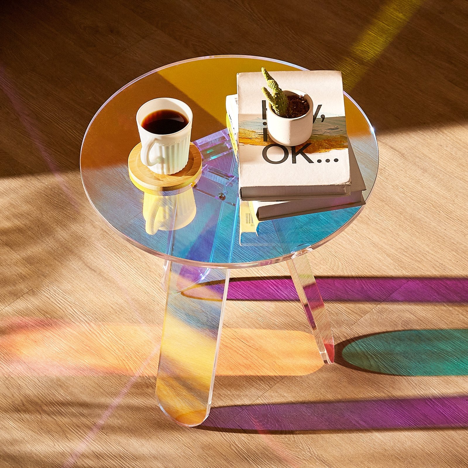 Round Iridescent Side Table, Acrylic End Table, Clear Rainbow Acrylic Coffee Table for Drink, Food, Snack V952-YKLBZYXXCSDGZR4CHV0