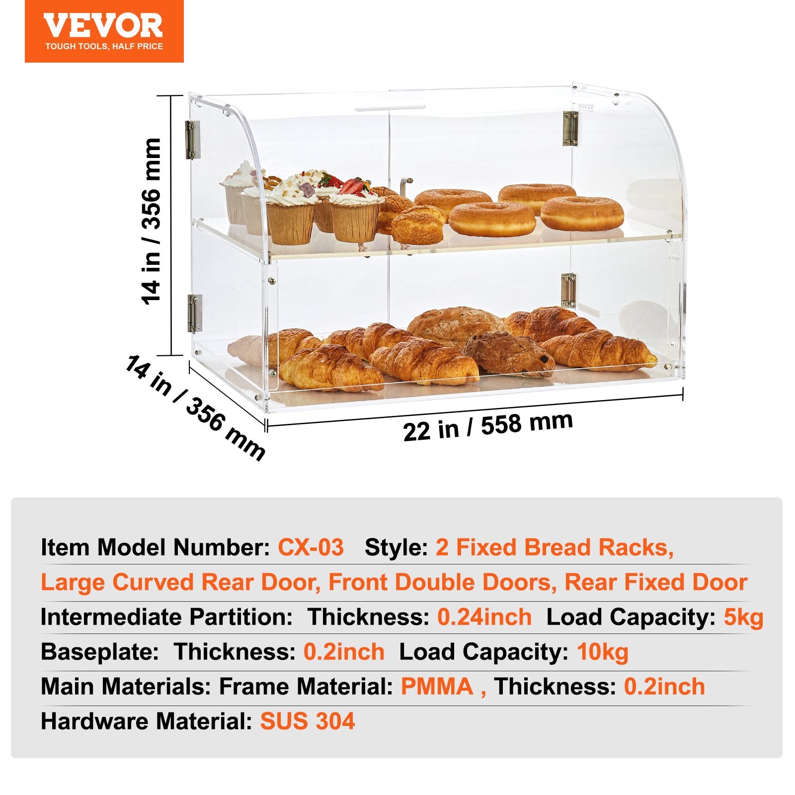Pastry Display Case, 2-Tier Commercial Countertop Bakery Display Case, Acrylic Display Box with Rear Door V952-YKLMBZSJYKL2HBKHNV0