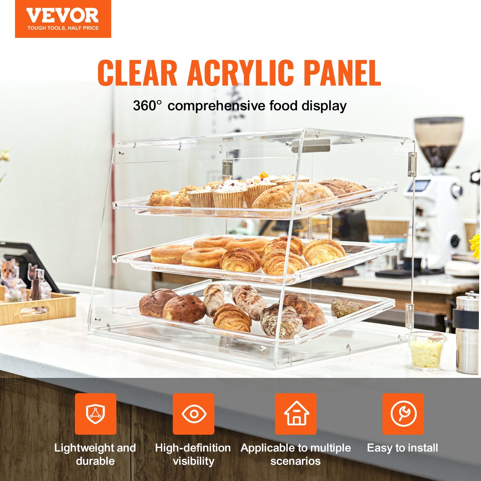 Pastry Display Case, 3-Tier Commercial Countertop Bakery Display Case, Acrylic Display Box with Rear Door V952-YKLMBZSJYKL3LWCW3V0