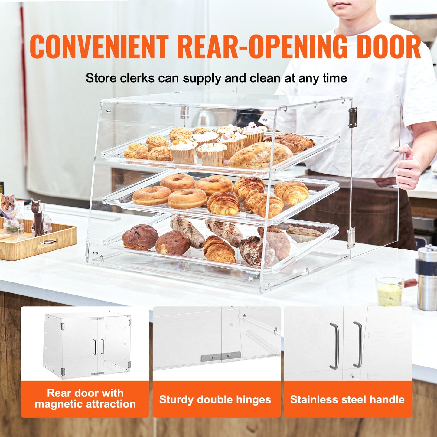 Pastry Display Case, 3-Tier Commercial Countertop Bakery Display Case, Acrylic Display Box with Rear Door V952-YKLMBZSJYKL3LWCW3V0