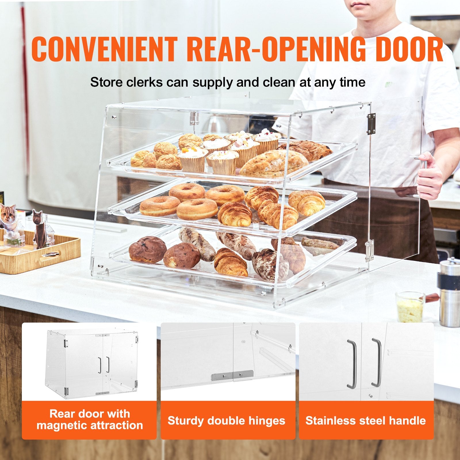 Pastry Display Case, 3-Tier Commercial Countertop Bakery Display Case, Acrylic Display Box with Rear Door V952-YKLMBZSJYKL3LWCW3V0