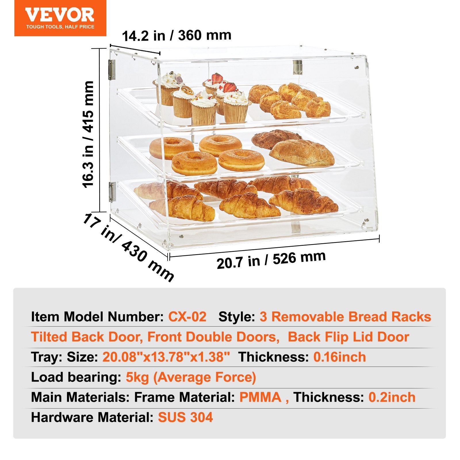 Pastry Display Case, 3-Tier Commercial Countertop Bakery Display Case, Acrylic Display Box with Rear Door V952-YKLMBZSJYKL3LWCW3V0