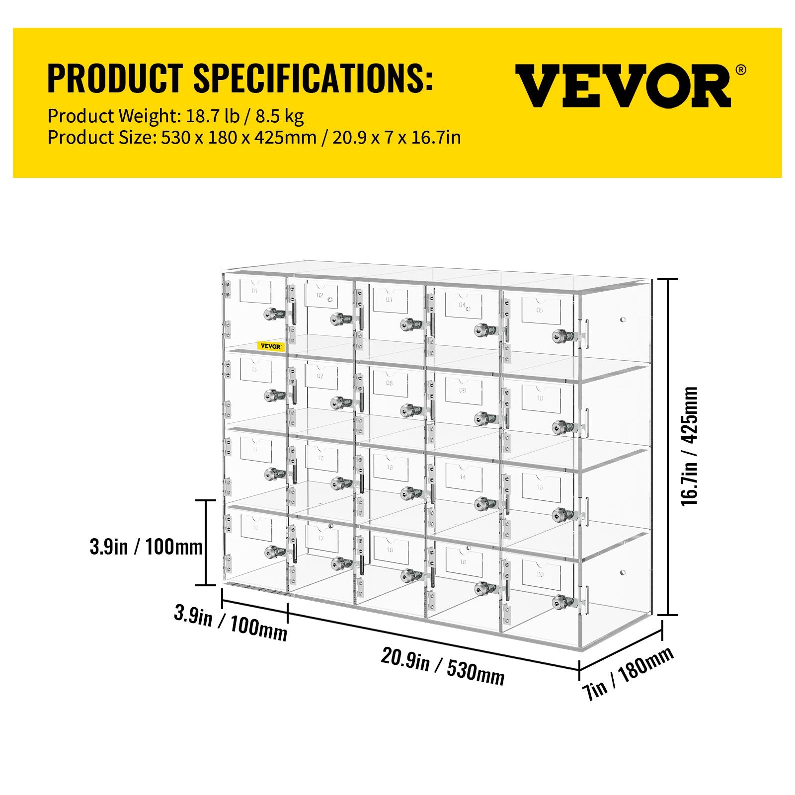 Acrylic Cell Phone Locker Box Storage Cabinet Pocket w/Keys 20 Slots Clear V952-YKLSJCWJSJB20Y5QIV0