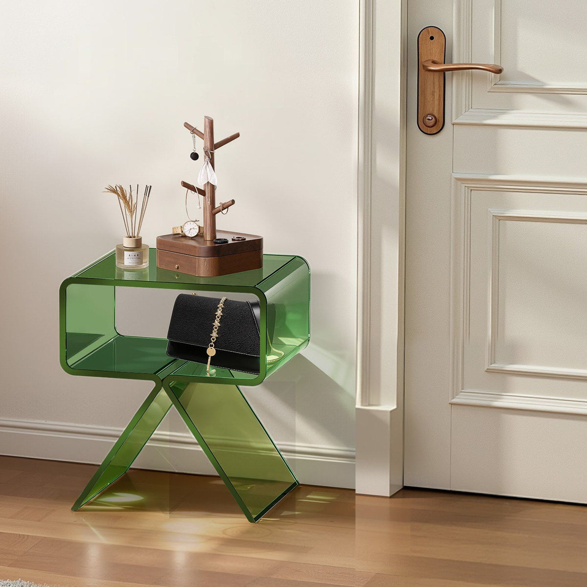 Acrylic Nightstand Side Table, Modern Clear Bedside Table with Storage Shelf, Transparent Small End Desk for V952-YKLZBZYTSJXESLMY4001V0