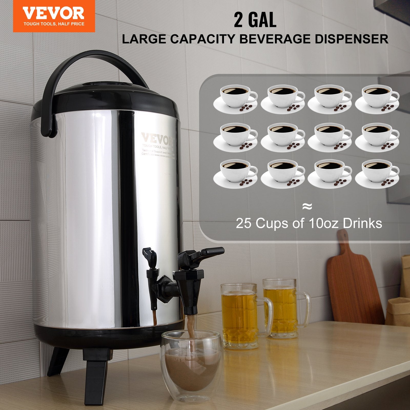 Stainless Steel Insulated Beverage Dispenser, 7.6 Liter, Thermal Hot and Cold Drink Server Dispenser with V952-YLHLQQYX10L0ZNM43V0