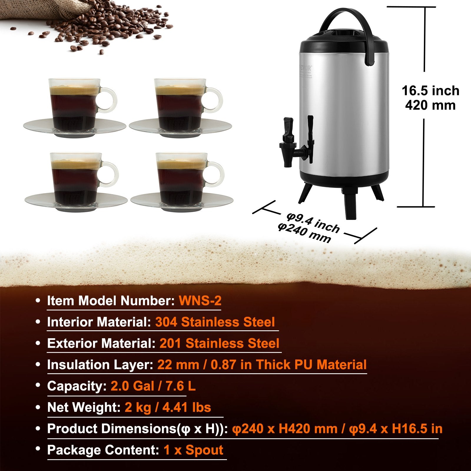 Stainless Steel Insulated Beverage Dispenser, 7.6 Liter, Thermal Hot and Cold Drink Server Dispenser with V952-YLHLQQYX10L0ZNM43V0