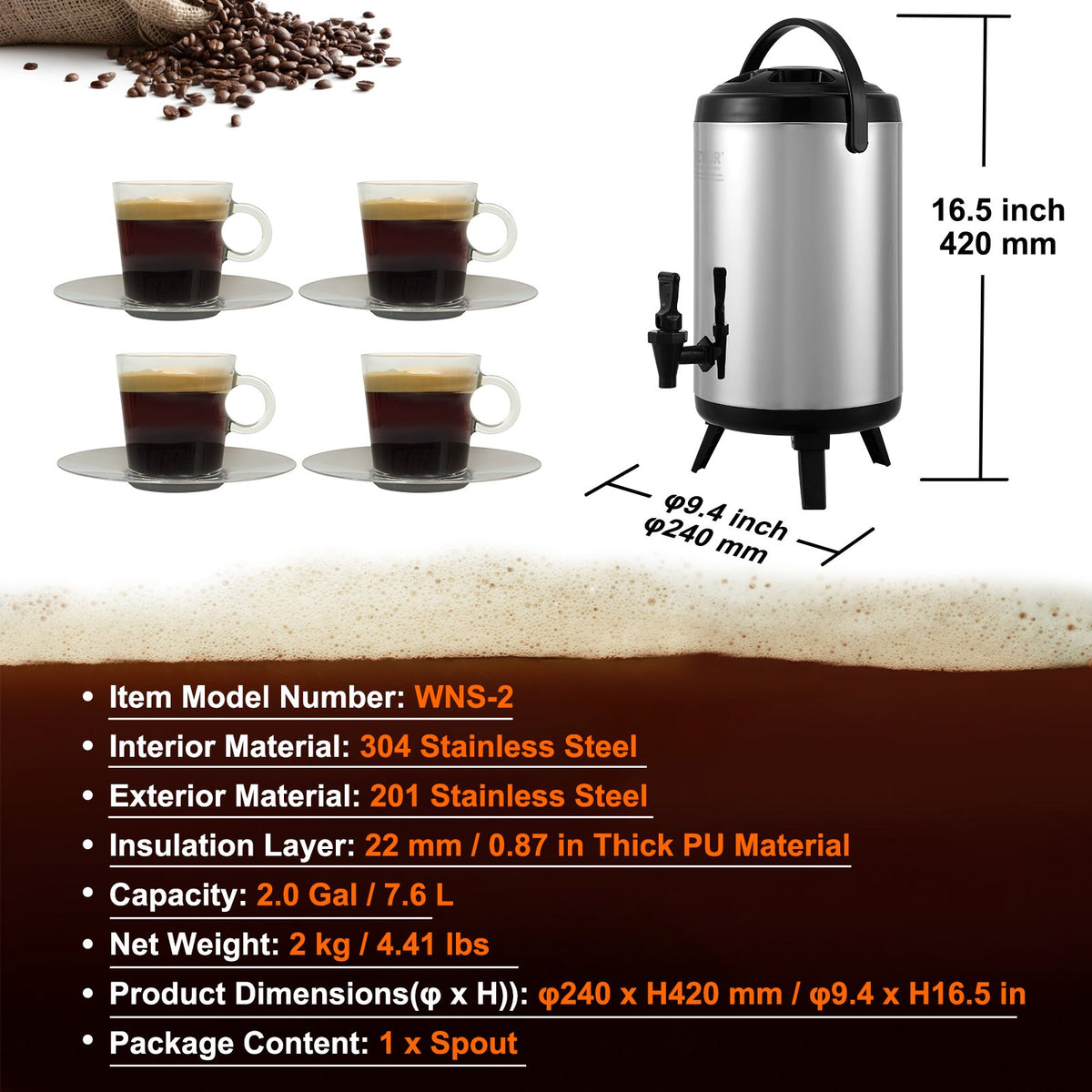 Stainless Steel Insulated Beverage Dispenser, 7.6 Liter, Thermal Hot and Cold Drink Server Dispenser with V952-YLHLQQYX10L0ZNM43V0