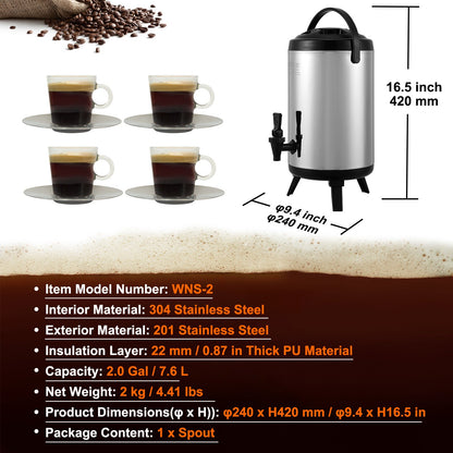 Stainless Steel Insulated Beverage Dispenser, 7.6 Liter, Thermal Hot and Cold Drink Server Dispenser with V952-YLHLQQYX10L0ZNM43V0