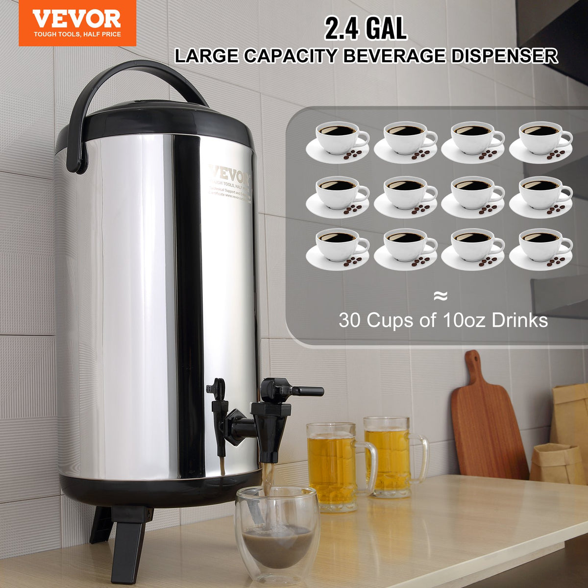 Stainless Steel Insulated Beverage Dispenser, 9.2 Liter, Thermal Hot and Cold Drink Server Dispenser with V952-YLHLQQYX12L0TQWXUV0