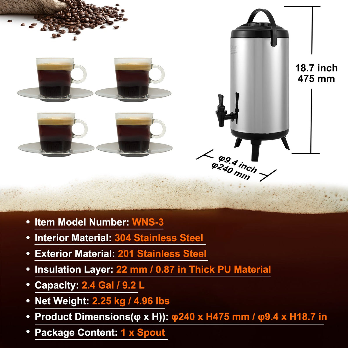 Stainless Steel Insulated Beverage Dispenser, 9.2 Liter, Thermal Hot and Cold Drink Server Dispenser with V952-YLHLQQYX12L0TQWXUV0