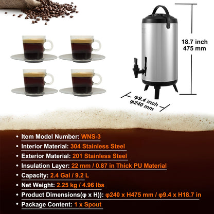 Stainless Steel Insulated Beverage Dispenser, 9.2 Liter, Thermal Hot and Cold Drink Server Dispenser with V952-YLHLQQYX12L0TQWXUV0
