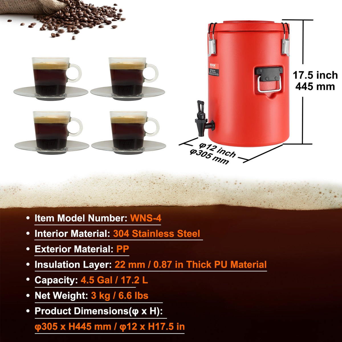 Stainless Steel Insulated Beverage Dispenser, 17.2 Liter, Thermal Hot and Cold Drink Server Dispenser with V952-YLHLQQYX5JL0EEU4SV0