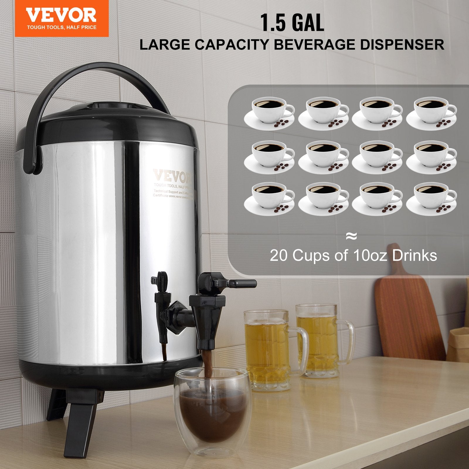 Stainless Steel Insulated Beverage Dispenser, 6 Liter, Thermal Hot and Cold Drink Server Dispenser with V952-YLHLQQYX8L00TYE16V0